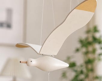 Wooden Flying Bird Mobile, Natural Wood Nursery Decor, Peaceful Hanging Ornament