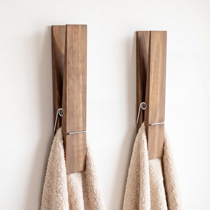 May include: Two wooden clothespin-shaped wall hooks with towels hanging from them. The hooks are made of dark brown wood and have a silver-colored metal spring mechanism. The towels are a light beige color, and the background is a plain white wall.