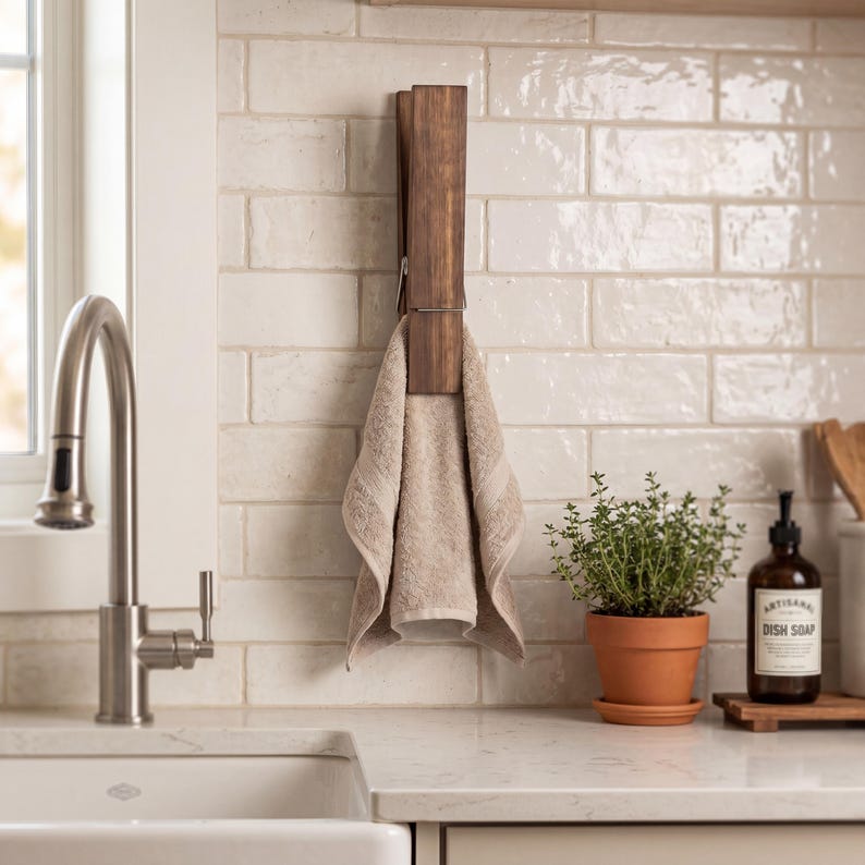 May include: A wooden towel holder with a metal clip, holding a beige towel. The holder is mounted on a white brick wall in a kitchen setting. A small potted plant and soap dispenser are also visible.