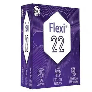 May include: A purple box with the text "Flexi 22" in a white hexagon. The box also features the text "SAi Connect", "DTG/DTF Features", and "Workflow Efficiencies". The background has a wavy pattern.