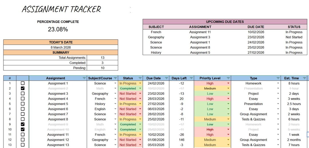 Student Assignment Tracker Google Sheets | University Planner | Study ...