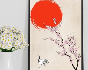 Lámina artística de grulla japonesa con flor de cerezo, póster minimalista de sol naciente (descarga digital)