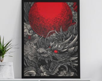 Arte mural japonés, impresión digital, póster del Sol Rojo y el Dragón Negro, imprimible, Wabi Sabi Japandi