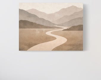 Cuadro decorativo de pared con diseño de niebla en un sendero de montaña sereno de Japandi