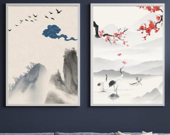 Póster de arte mural japonés, paisaje japonés imprimible, montañas, grúas y barco fluvial (descarga digital)