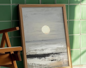 Lámina decorativa japonesa para pared con diseño de sol, decoración minimalista costera japonesa, lámina Wabi Sabi con diseño de amanecer en el océano.