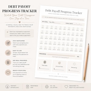 Può includere: Un tracker di avanzamento del rimborso del debito stampabile con il testo "DEBT PAYOFF PROGRESS TRACKER" e "Watch Your Debt Disappear One Step at a Time." Il design include sezioni per la definizione degli obiettivi, il monitoraggio dei progressi e un messaggio motivazionale.