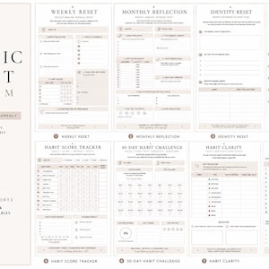 Könnte beinhalten: Eine Sammlung druckbarer Gewohnheitstracker und Planer mit minimalistischem Design. Die Seiten enthalten Abschnitte für wöchentliche Resets, monatliche Reflexionen und Habit Stacking. Der Text enthält "Atomic Habit System" und "Build Better Habits, Become Your Best Self".