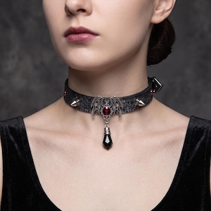Bat Wing Choker Necklace for Women, Gothic Leather Collar with Ruby & Black Crystal Pendant, Custom Engraved Dark Gift