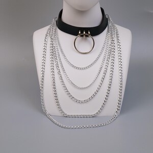 Black O Ring Vegan Leather Choker with Layered Chains, Punk Necklace Statement Festival Jewelry