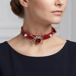 Ruby Spider Choker Necklace for Women, Red Black Gothic Leather Necklace with Pearl Accents, Custom Engraved Dark Gift