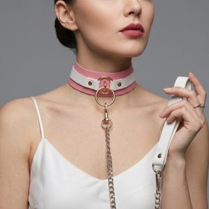 Puede incluir: Un collar rosa, blanco y dorado con una correa a juego. El collar tiene un centro rosa, una parte superior blanca y herrajes dorados. Una cadena plateada conecta el collar con la correa blanca.