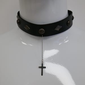 Gothic Cross Choker, Black Faux Leather Collar with Chain Pendant, Adjustable Punk Necklace