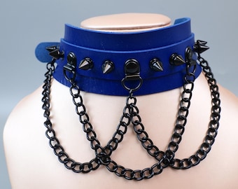 Blue Faux Leather Choker, Black Spike Chain Collar, Adjustable Punk Goth Neckband, Alternative Jewelry Gift