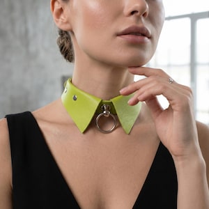 Green Faux Leather Choker Necklace, Adjustable O Ring Collar with Custom Engraving, Minimal Statement Jewelry