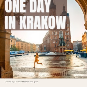 Op de afbeelding: Een vrouw in een gele jurk rent over een plein in Krakau, Polen. De afbeelding toont de tekst "ONE DAY IN KRAKOW" en "SELF-GUIDED WALKING TOUR". Historische gebouwen en een kerk zijn zichtbaar op de achtergrond.