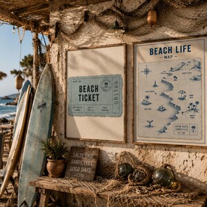 May include: Two framed wall art prints displayed on a textured wall. One print features a blue vintage-style beach ticket design. The other print is a blue illustrated beach life map. A wooden sign below reads Salty Hair Sandy Feet Good Days.
