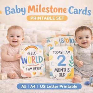 Afdrukbare set babymijlpaalkaarten, maandelijks 1-12, Hello World (digitale download)