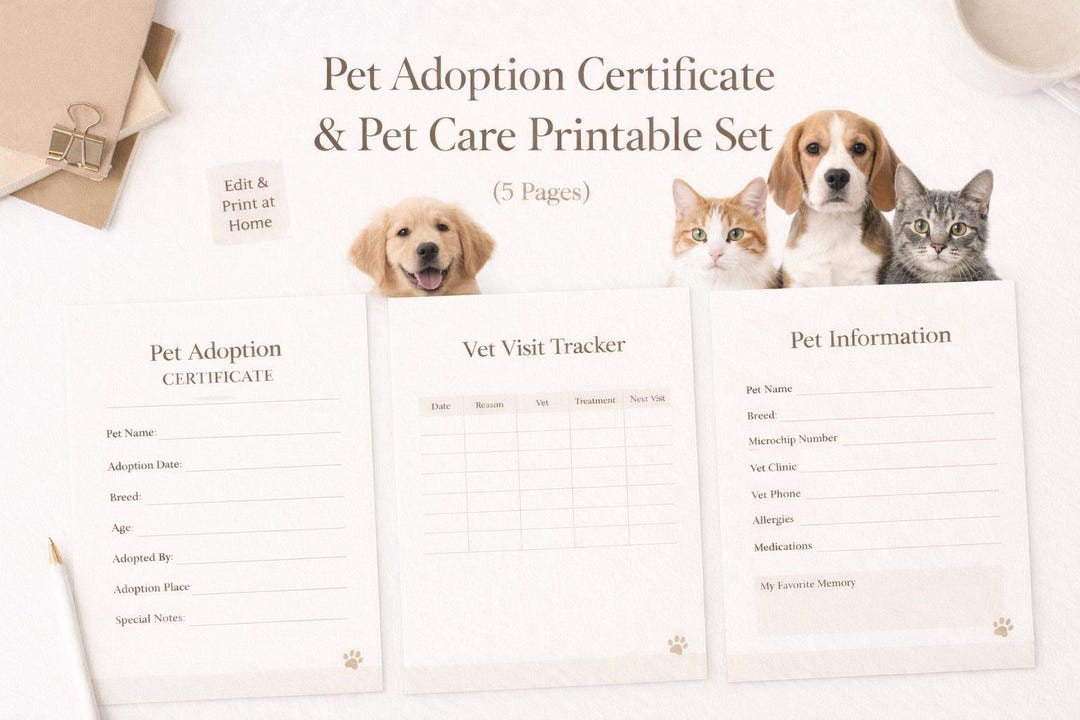 Pet Adoption Certificate & Care Tracker Printable Set (digital Download ...