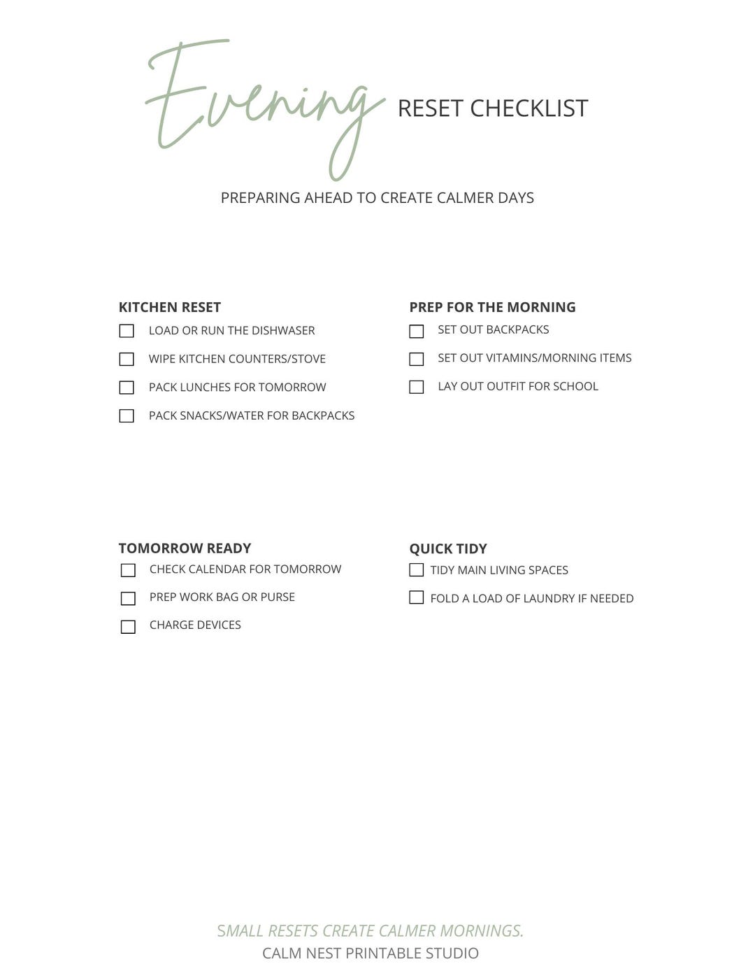 Evening Reset Checklist Printable | Night Before Routine | Family ...