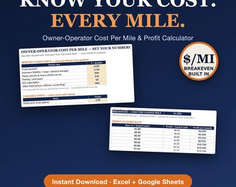 May include: A digital spreadsheet template titled KNOW YOUR COST. EVERY MILE. Owner-Operator Cost Per Mile & Profit Calculator. It features tables for monthly fixed costs, variable costs, and a breakeven analysis for trucking operations in Excel and Google Sheets.