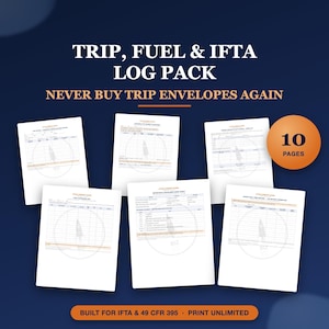 Op de afbeelding: Een Trip, Fuel & IFTA logboekpakket met 10 pagina's aan printbare formulieren. De tekst luidt: TRIP, FUEL & IFTA LOG PACK, NEVER BUY TRIP ENVELOPES AGAIN, 10 PAGES, BUILT FOR IFTA & 49 CFR 395, PRINT UNLIMITED. Witte papieren formulieren.