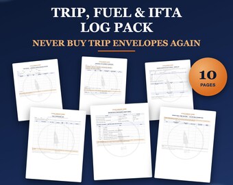 May include: A Trip, Fuel & IFTA Log Pack featuring 10 pages of printable log sheets. The text reads: TRIP, FUEL & IFTA LOG PACK, NEVER BUY TRIP ENVELOPES AGAIN, 10 PAGES, and BUILT FOR IFTA & 49 CFR 395. PRINT UNLIMITED. White paper forms.