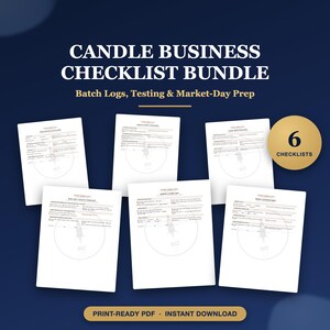 Pacchetto di checklist per attività di produzione di candele, registro di produzione in lotti, test dello stoppino, etichettatura, checklist per il giorno di mercato, moduli stampabili in PDF per produttori di candele.