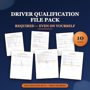 Op de afbeelding: Een Driver Qualification File Pack met 10 pagina's aan geprinte formulieren. De documenten bevatten tekst zoals Driver Qualification File, Medical Certification Record en Clearinghouse & Drug and Alcohol Checklist, gebaseerd op 49 CFR 391.51.