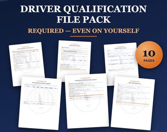 May include: A Driver Qualification File Pack containing 10 pages of printed forms. The documents include text such as Driver Qualification File, Medical Certification Record, and Clearinghouse & Drug and Alcohol Checklist, built on 49 CFR 391.51.