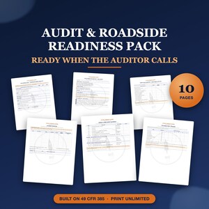 May include: An Audit & Roadside Readiness Pack featuring 10 pages of compliance documents on a dark blue background. The text reads Audit & Roadside Readiness Pack, Ready When The Auditor Calls, Built On 49 CFR 385, and Print Unlimited.