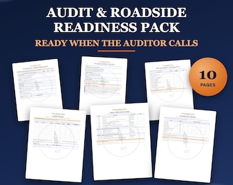 May include: An Audit & Roadside Readiness Pack featuring 10 pages of compliance documents on a dark blue background. The text reads Audit & Roadside Readiness Pack, Ready When The Auditor Calls, Built On 49 CFR 385, and Print Unlimited.