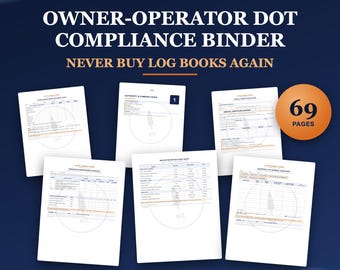 Könnte beinhalten: Ein DOT-Compliance-Ordner für Inhaber und Betreiber mit 69 Seiten gedruckter Formulare. Das Set enthält fünf verschiedene Dokumentenpakete mit Tabellen, Checklisten und Überschriften für Behörden, Firmendokumente und Wartungspläne auf weißem Papier.