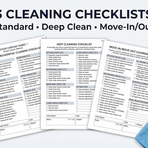 May include: Three cleaning checklists: Standard, Deep Clean, and Move-In/Out. The checklists are printed on white paper with a blue header. A spray bottle and a blue cleaning cloth are in the image.