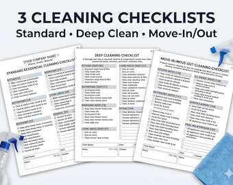 May include: Three cleaning checklists: Standard, Deep Clean, and Move-In/Out. The checklists are printed on white paper with a blue header. A spray bottle and a blue cleaning cloth are in the image.