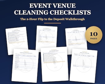 May include: A set of event venue cleaning checklists featuring 10 pages of printed forms. The text reads Event Venue Cleaning Checklists, The 2-Hour Flip to the Deposit Walkthrough, 10 Pages, and Print-Ready PDF Instant Download.