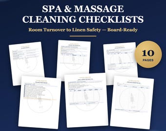 May include: A set of 10 pages of Spa & Massage Cleaning Checklists, including room turnover and linen safety logs. The documents are presented as print-ready PDFs with white backgrounds, dark text, and a gold circular badge indicating 10 pages.