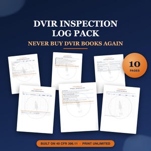 Könnte beinhalten: Ein DVIR-Inspektionsprotokoll-Paket mit fünf weißen bedruckten Seiten mit Tabellen und Text, einschließlich des Titels DVIR INSPECTION LOG PACK, NEVER BUY DVIR BOOKS AGAIN, einem orangefarbenen Kreis mit 10 PAGES und dem Fußtext BUILT ON 49 CFR 396.11.