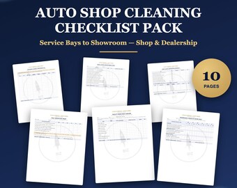May include: An Auto Shop Cleaning Checklist Pack featuring 10 pages of printable documents. The text reads Auto Shop Cleaning Checklist Pack, Service Bays to Showrooms — Shop & Dealership, 10 Pages, and Print-Ready PDF Instant Download.