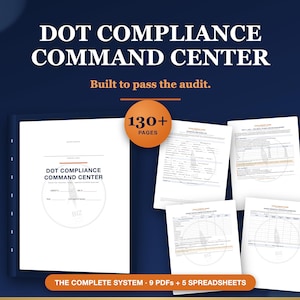 Puede incluir: Una carpeta azul oscuro etiquetada DOT COMPLIANCE COMMAND CENTER con más de 130 páginas, incluyendo 9 PDF y 5 hojas de cálculo. La portada y las páginas blancas internas muestran el mismo título y un logotipo circular con líneas de datos.