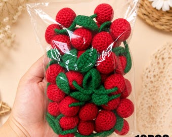 Conjunto de 10 enfeites de crochê em formato de cereja, feitos com fio de lã tricotado, para decoração de joias, bolsas e roupas.