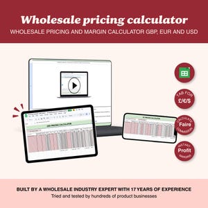May include: A digital wholesale pricing calculator displayed on a laptop, tablet, and smartphone. The calculator shows pricing and margin information in GBP, EUR, and USD. Additional circular icons highlight features like commission calculation and profit margins.