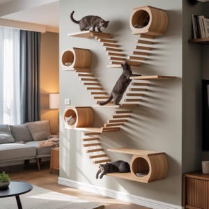Pode incluir: Uma parede de escalada para gatos de madeira com múltiplas plataformas e camas fechadas para gatos. Vários gatos cinzentos estão a usar a estrutura, subindo os degraus e descansando nas camas. O design montado na parede é feito de madeira clara e está instalado numa parede verde clara.