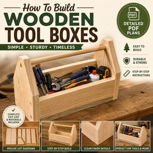 May include: A light-colored wooden tool box with a central handle, filled with various hand tools including screwdrivers, wrenches, and a tape measure. The image includes text: How To Build WOODEN TOOL BOXES, Detailed PDF Plans, and cut diagrams.