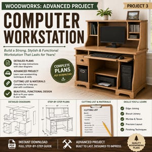 May include: A wooden computer workstation with a hutch, keyboard tray, and storage compartments. The image includes text: WOODWORKS: ADVANCED PROJECT, COMPUTER WORKSTATION, PROJECT 3, COMPLETE PLANS PDF DOWNLOAD, and detailed diagrams with 48, 60, and 24 cm labels.