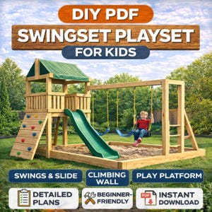 Gungställning, sandlåda, lekplats, gör-det-själv-planer - PDF utskrivbara planer - Ritningar för utomhuslek.