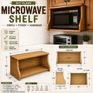 Puede incluir: Planos de bricolaje para un estante de madera para microondas con 61 cm de ancho, 38,1 cm de alto y 43,2 cm de profundidad. El documento incluye diagramas detallados, una lista de corte, instrucciones paso a paso y materiales y herramientas.