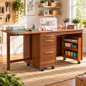 May include: A wooden sewing table with a drop-leaf extension, three drawers with gold-toned handles, and a side storage unit with open shelves on casters. The table surface holds a white sewing machine, a green cutting mat, and fabric scraps.