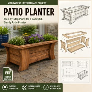 May include: A digital document titled WOODWORKS: INTERMEDIATE PROJECT PATIO PLANTER featuring step-by-step instructions for a rectangular wooden planter. The image displays a finished brown wood planter with flowers, an exploded view, and technical drawings.