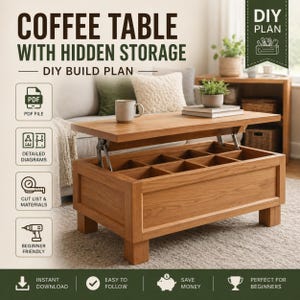 May include: A wooden coffee table with hidden storage. The table has a lift-top design and a compartmented interior. The text on the image reads "COFFEE TABLE WITH HIDDEN STORAGE DIY BUILD PLAN". The table is made of light brown wood and is on a light-colored rug.